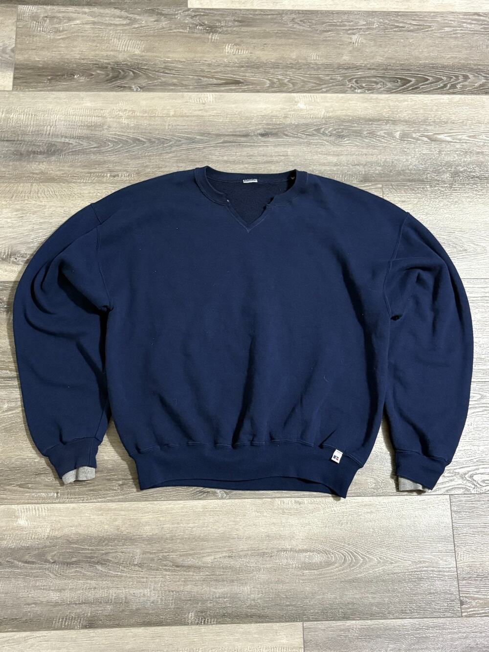 Vintage Russell Athletic Navy Double Sleeve V-Neck Crewneck - Men’s Large Boxy